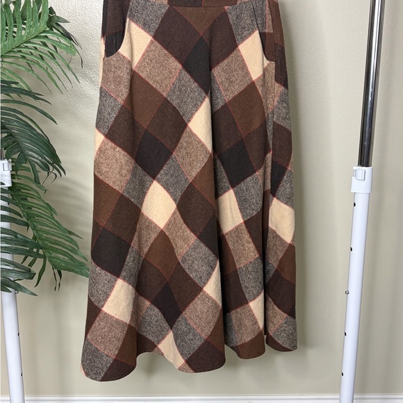 Dresses & Skirts - Plaid A-Line Midi Skirt Brown Tan Wool Blend High Waisted Fall Winter XS